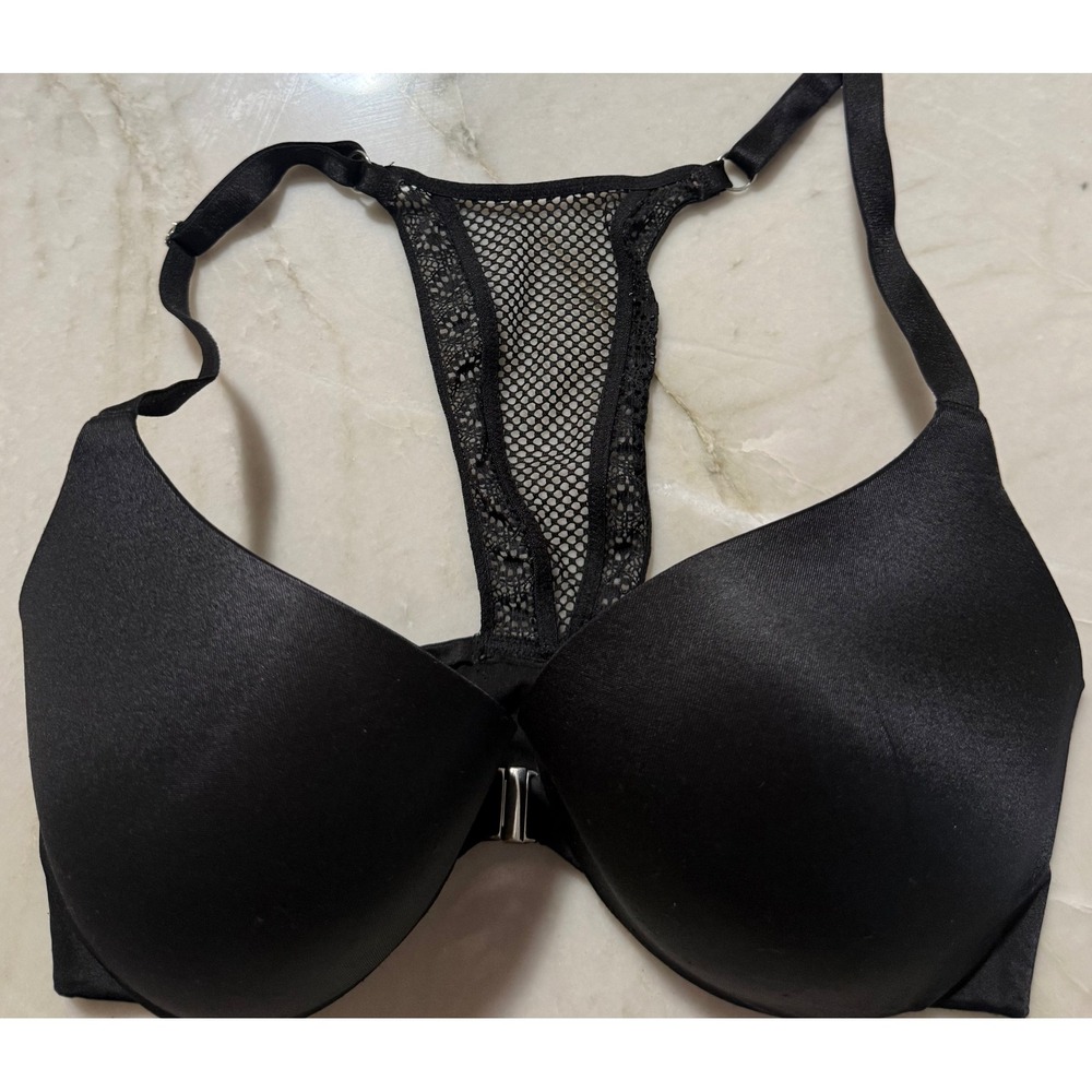 Victoria's Secret Black Satin Front Close Push Up Racerback Mesh Lace Bra 32DD
